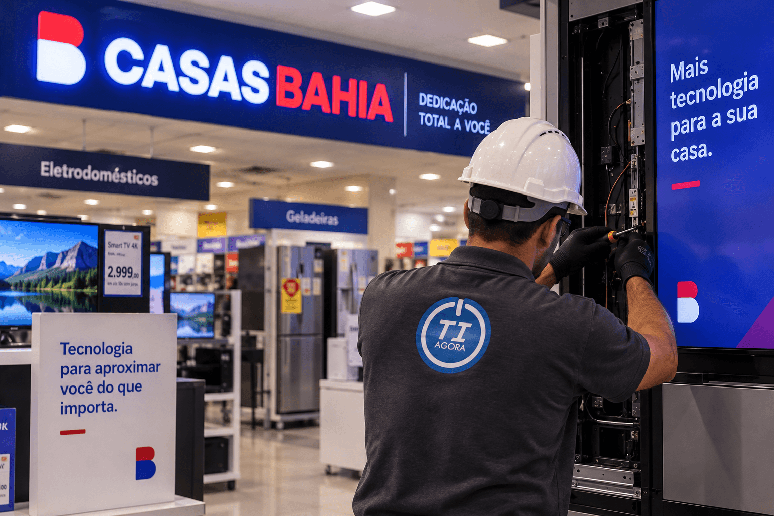Técnico da Tiagora instalando painel de tecnologia dentro de uma loja Casas Bahia