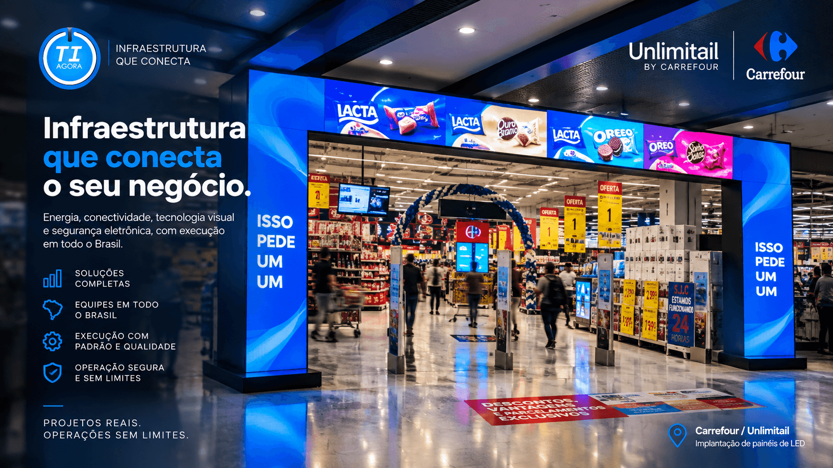 Técnicos da Tiagora instalando painel de LED em loja do Grupo Carrefour — Infraestrutura que conecta o seu negócio