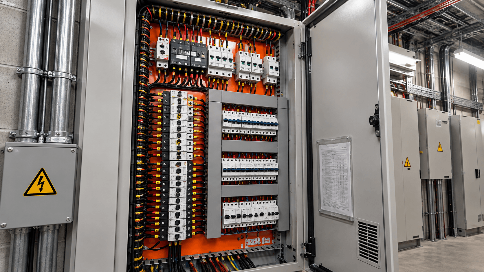 Quadro elétrico aberto com disjuntores e cabeamento organizado, instalado pela Tiagora