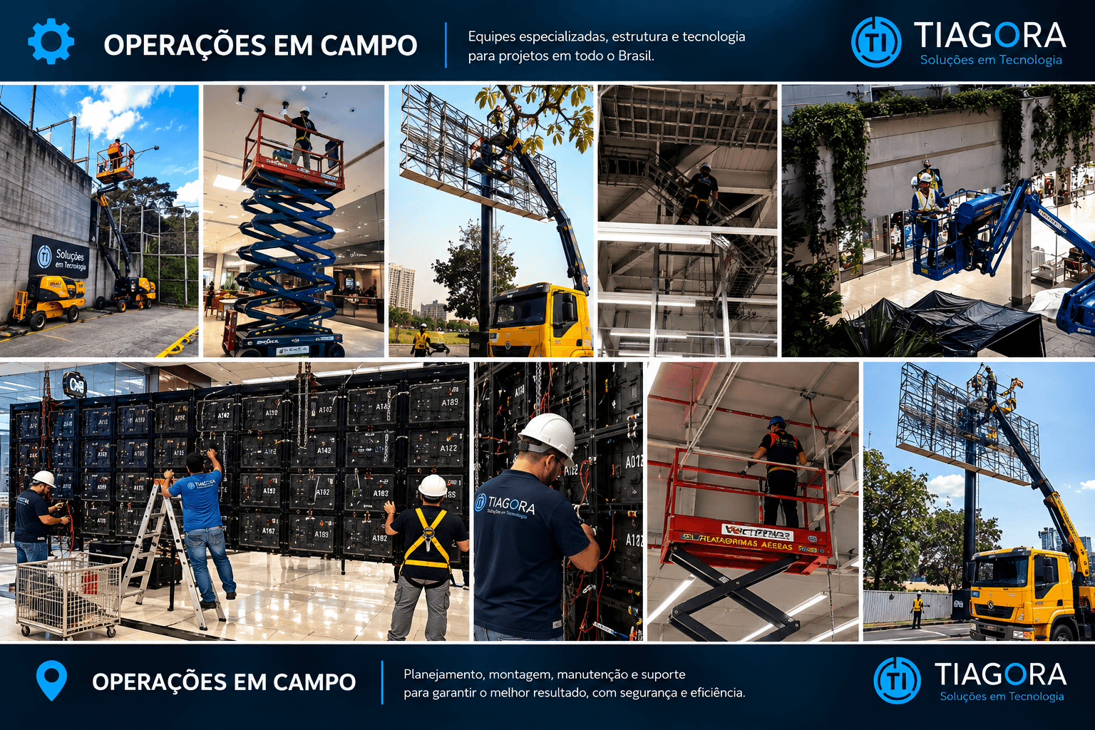 Equipes técnicas da Tiagora em plataformas elevatórias e trabalho em altura durante operações de implantação e manutenção em campo