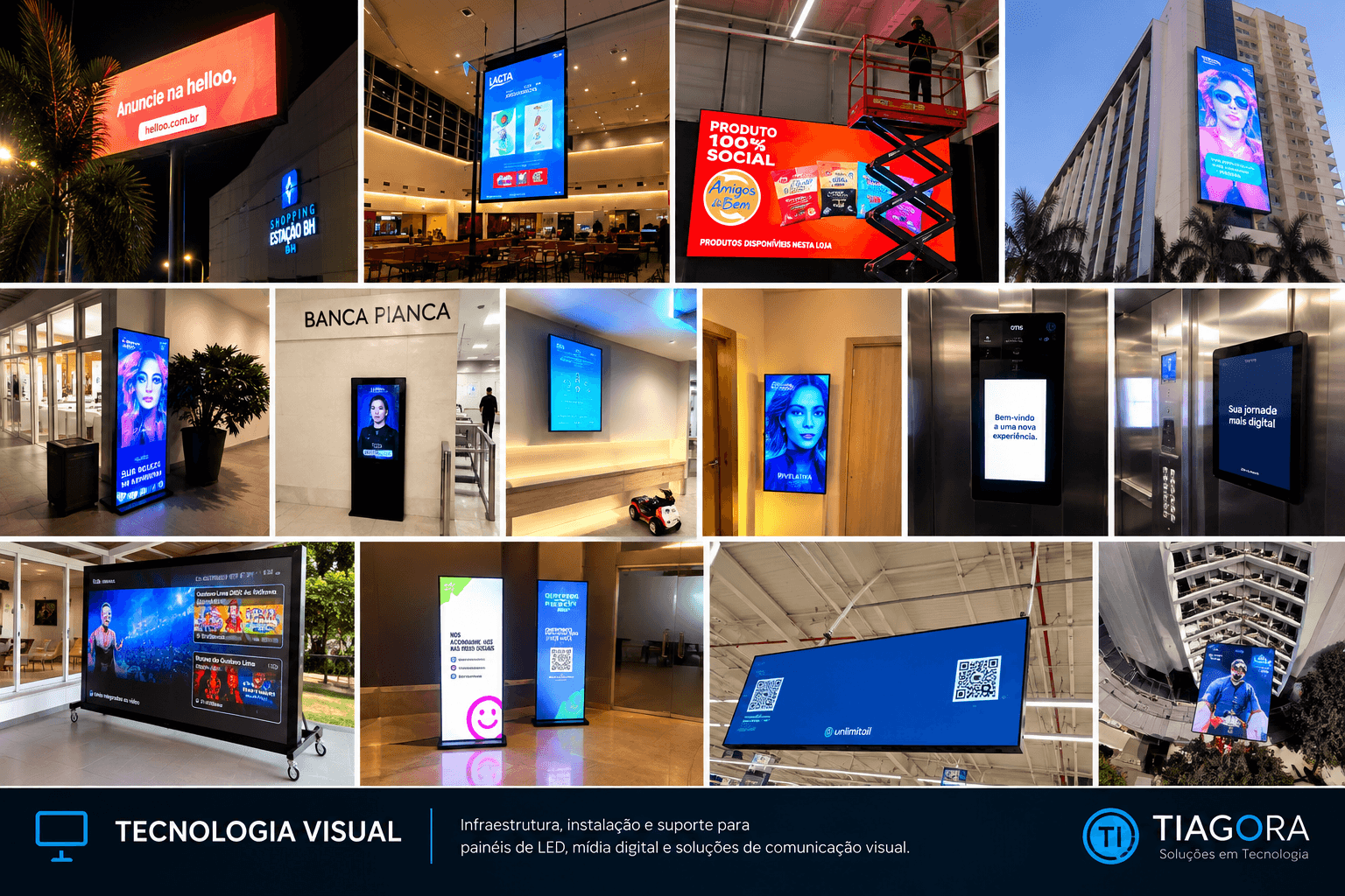Composição fotográfica de projetos de tecnologia visual da Tiagora: painéis de LED, totens e telas digitais em shoppings