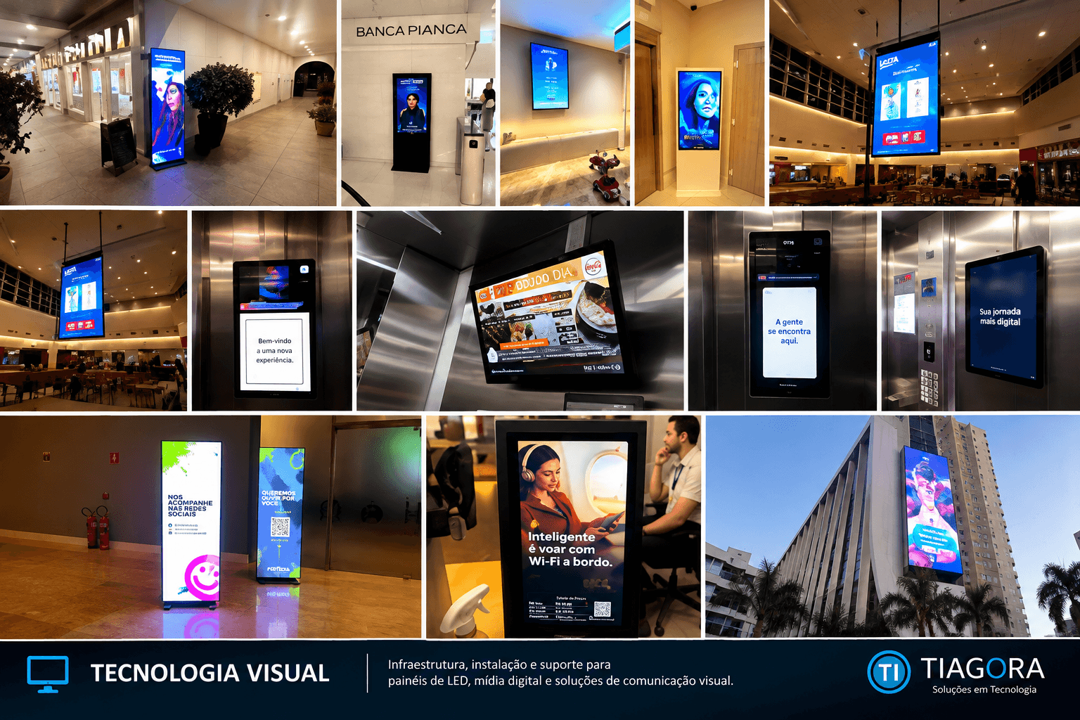 Composição fotográfica de projetos de tecnologia visual da Tiagora: totens, telas em elevadores e painéis digitais