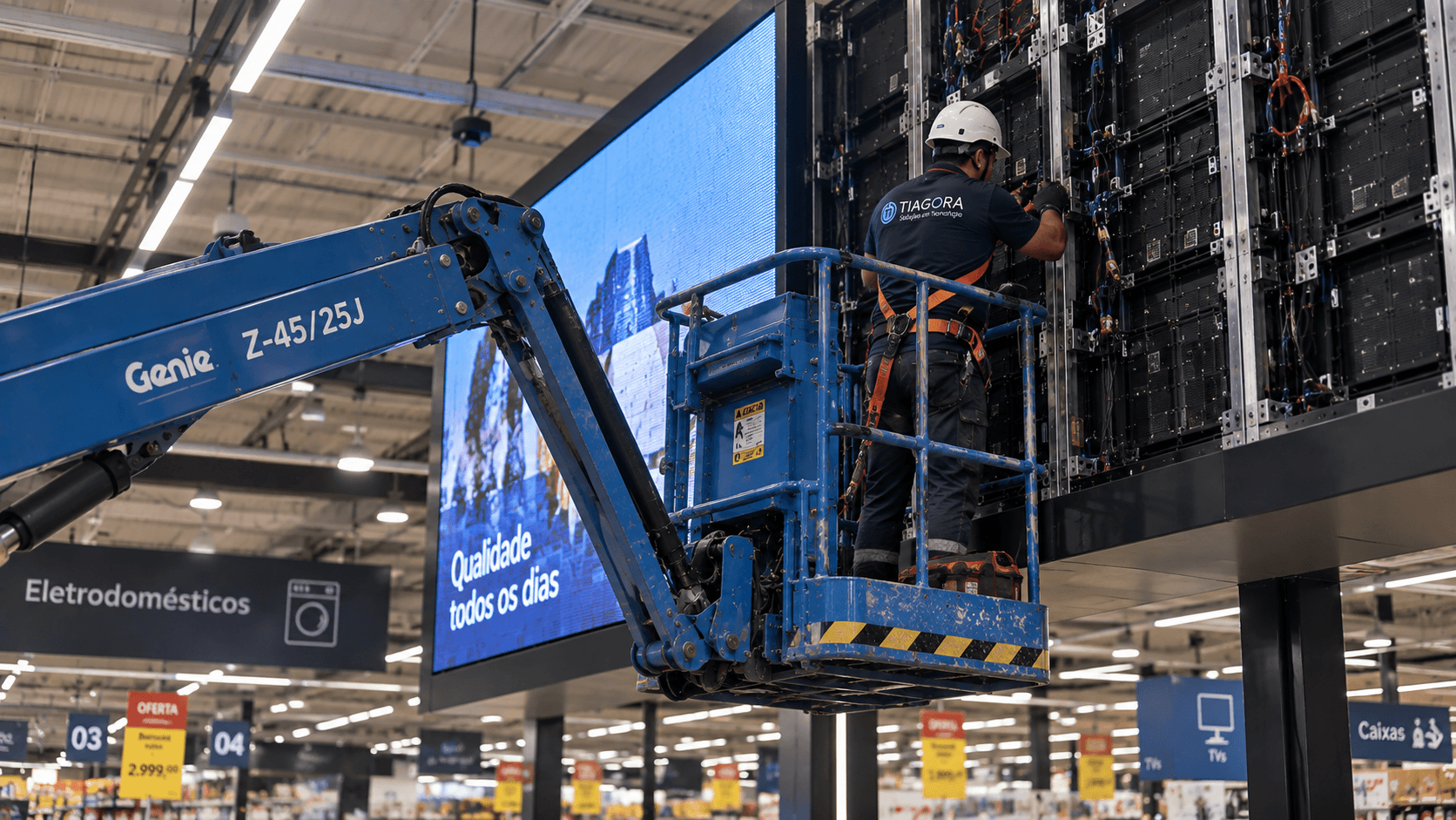 Técnico da Tiagora em plataforma elevatória instalando painel de LED em loja