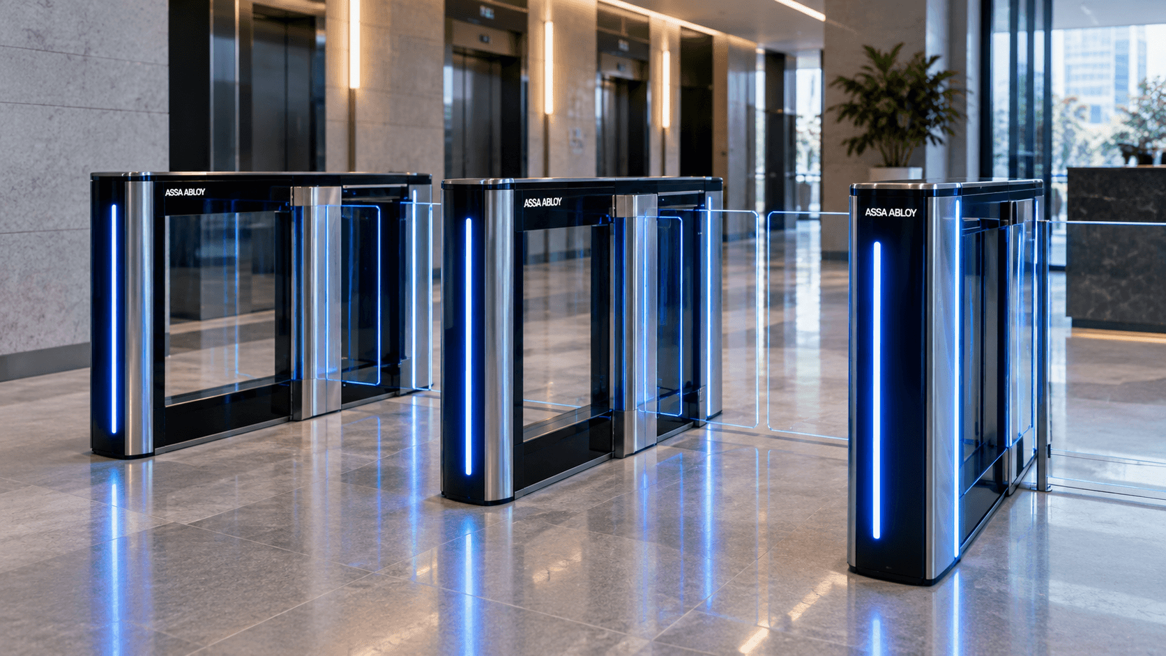 Cancelas de controle de acesso ASSA ABLOY instaladas em lobby corporativo, empresa homologada para o portfólio ASSA ABLOY